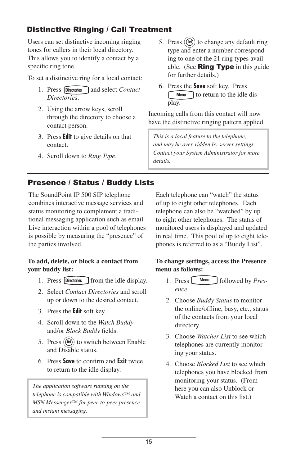 Distinctive ringing / call treatment, Presence / status / buddy lists, Do not disturb | See also, Distinctive ringing, Call treatment | Polycom IP 500 User Manual | Page 18 / 25