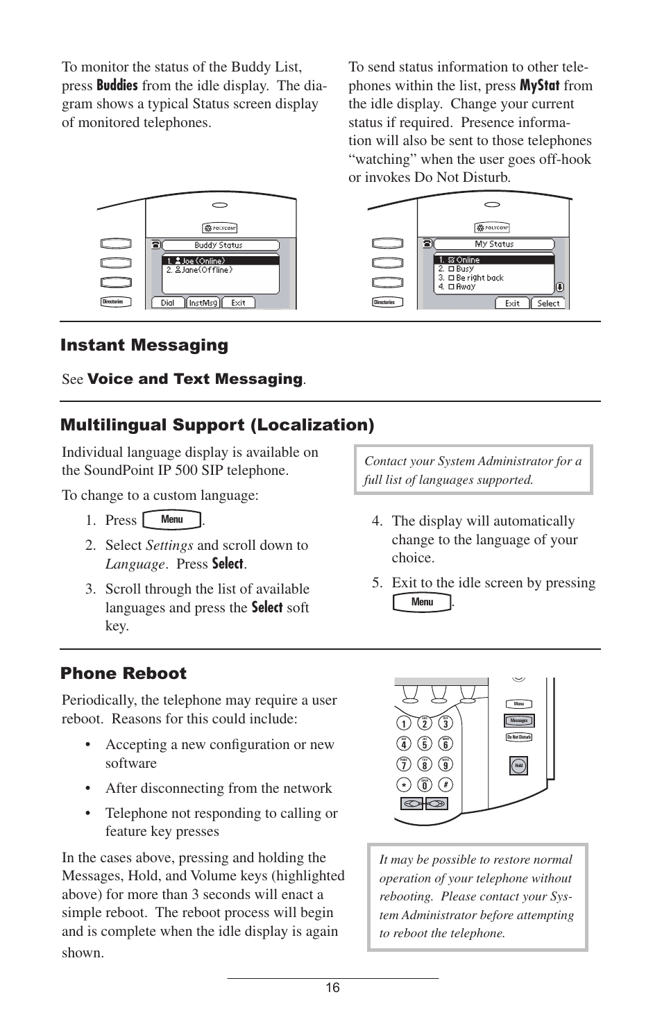 Instant messaging, Multilingual support (localization), Phone reboot | Polycom IP 500 User Manual | Page 19 / 25