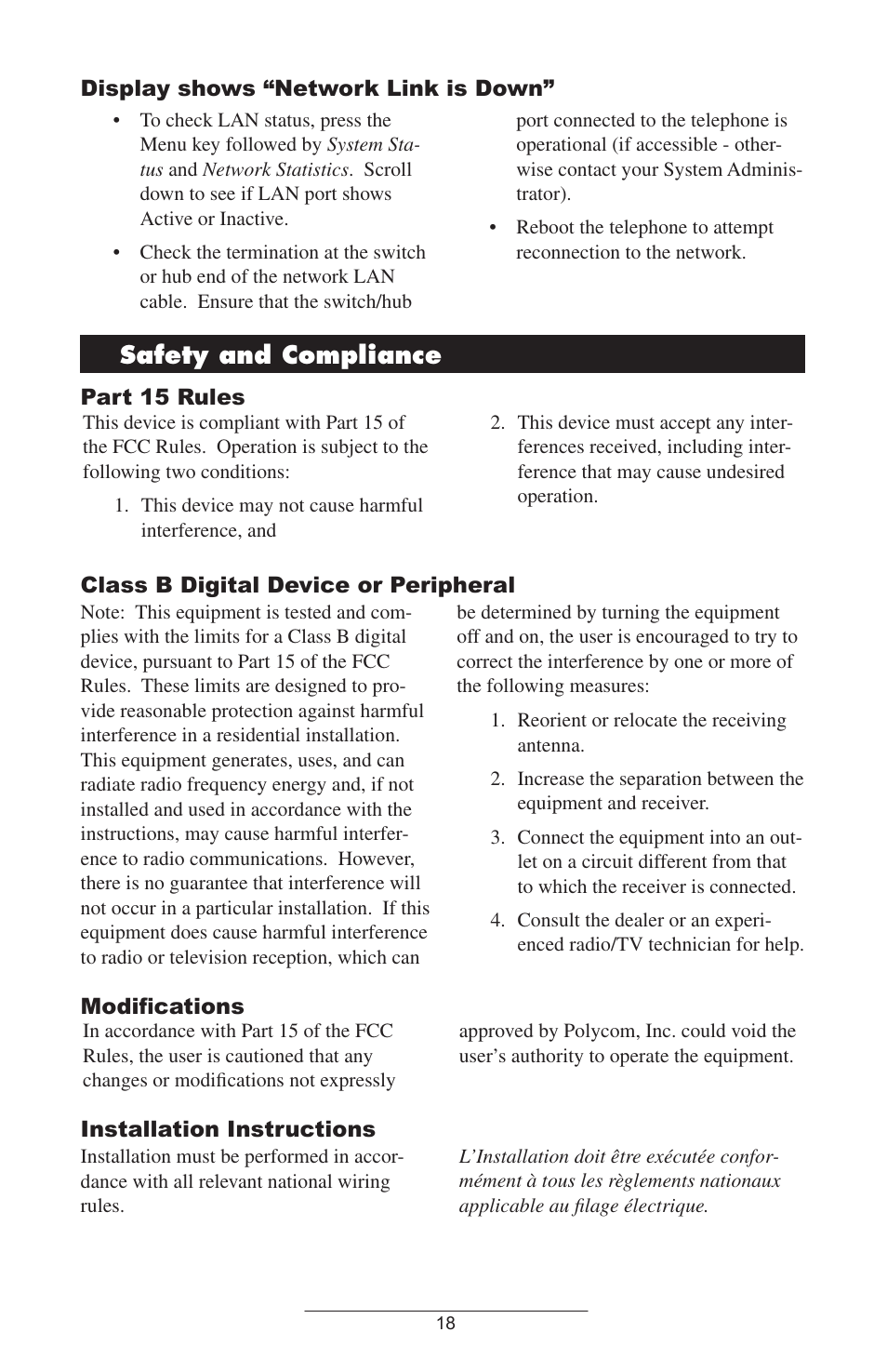 Safety and compliance, Class b digital device or peripheral, Installation instructions | Polycom IP 500 User Manual | Page 21 / 25