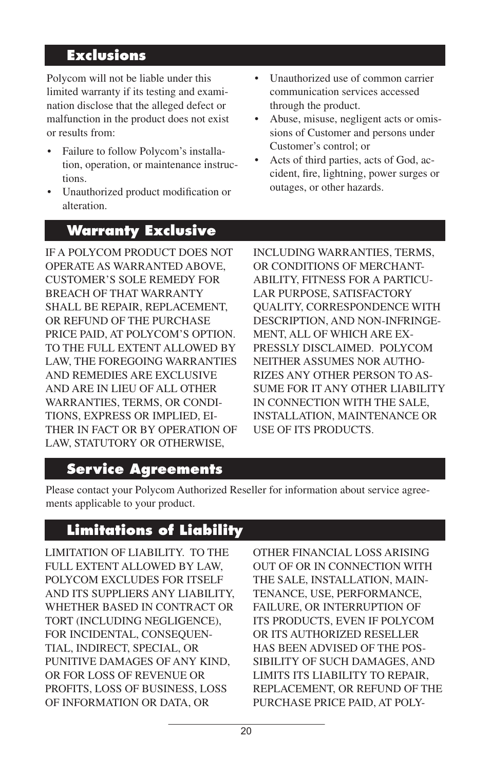 Exclusions, Warranty exclusive, Service agreements | Limitations of liability, Exclusions warranty exclusive service agreements | Polycom IP 500 User Manual | Page 23 / 25