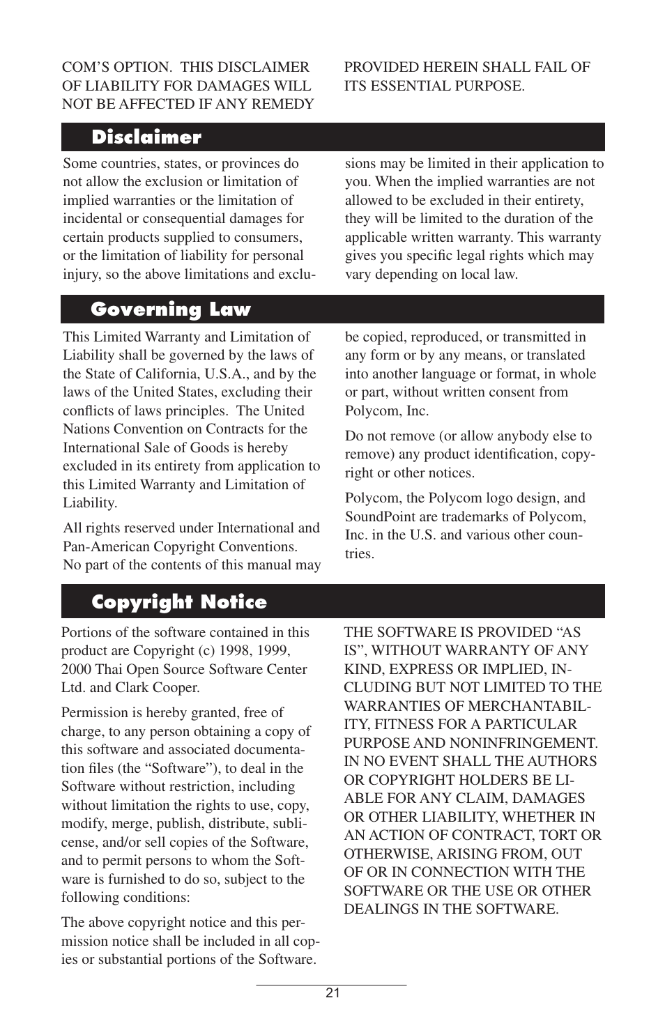 Disclaimer, Governing law, Copyright notice | Polycom IP 500 User Manual | Page 24 / 25