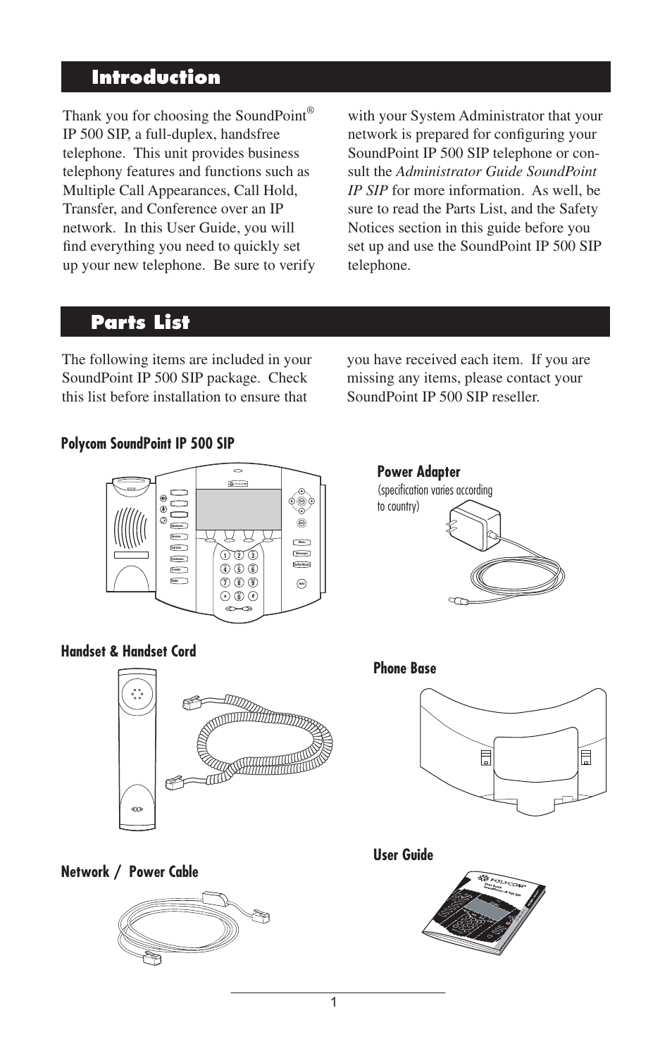 Introduction, Parts list, Introduction parts list | Phone base user guide, Specification varies according to country) | Polycom IP 500 User Manual | Page 4 / 25