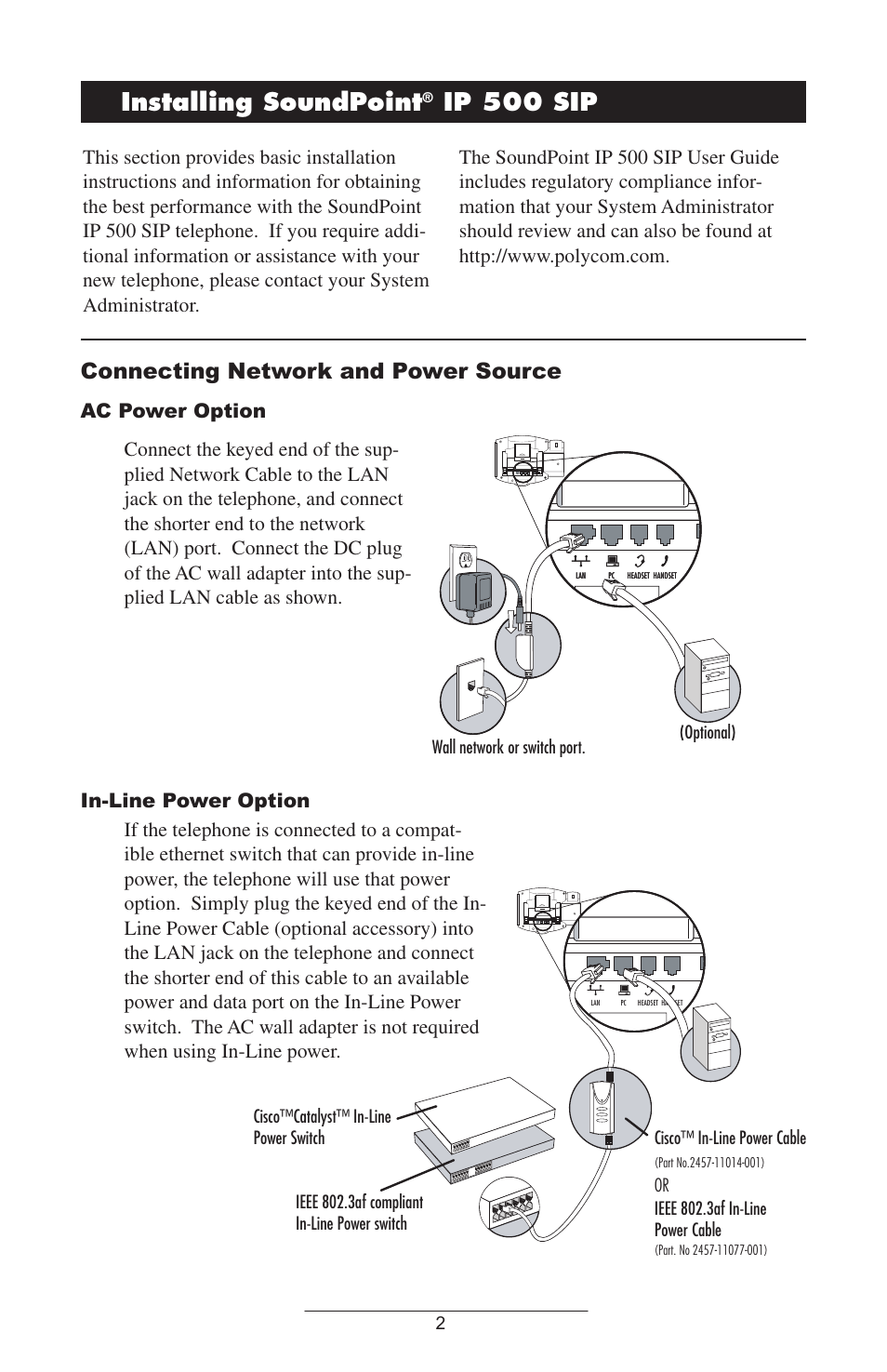 Installing soundpoint, Ip 500 sip, Connecting network and power source | Ac power option, In-line power option | Polycom IP 500 User Manual | Page 5 / 25