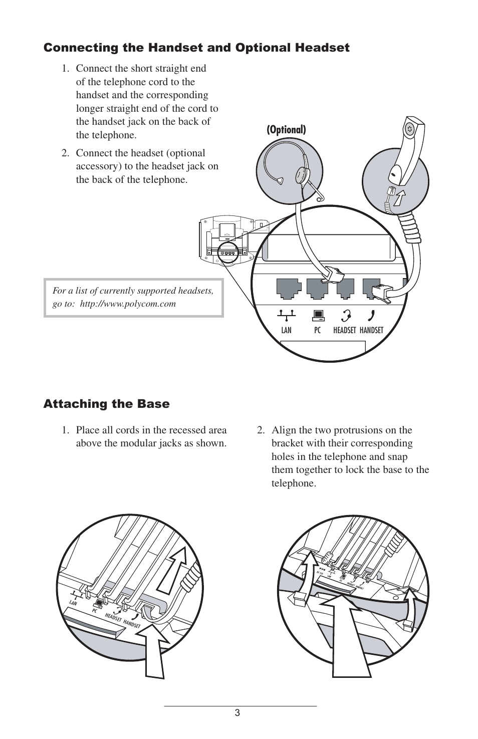 Connecting the handset and optional headset, Attaching the base | Polycom IP 500 User Manual | Page 6 / 25