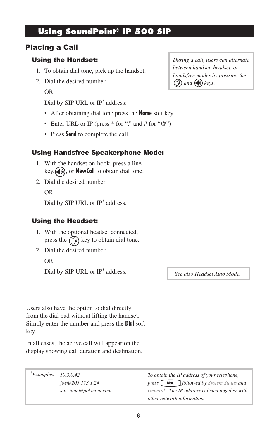 Using soundpoint, Ip 500 sip, Placing a call | Polycom IP 500 User Manual | Page 9 / 25