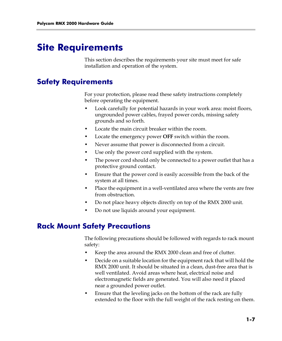 Site requirements, Safety requirements, Rack mount safety precautions | Site requirements -7 | Polycom DOC2558C User Manual | Page 13 / 45