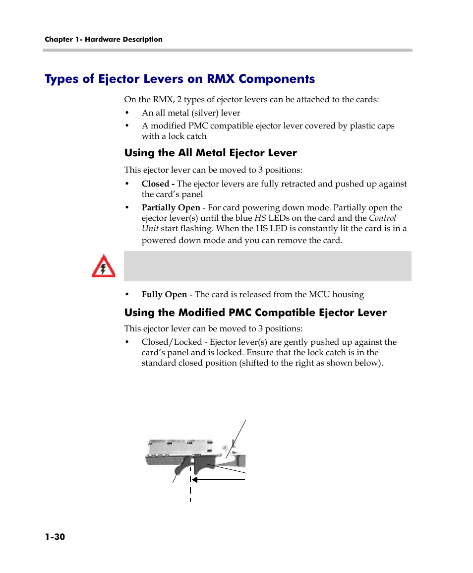 Types of ejector levers on rmx components, Using the all metal ejector lever, Using the modified pmc compatible ejector lever | Types of ejector levers on rmx components -30 | Polycom DOC2558C User Manual | Page 36 / 45