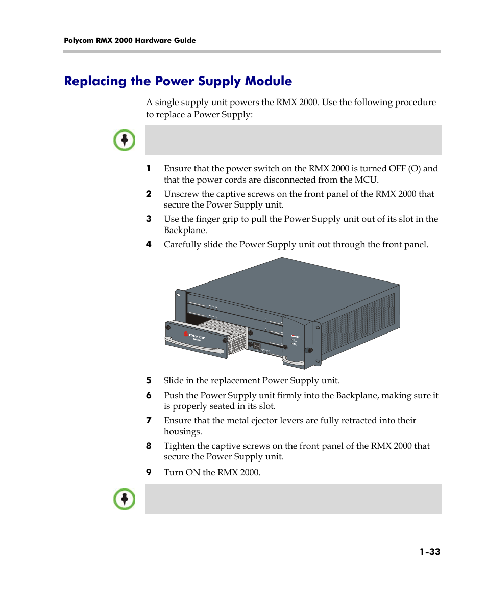 Replacing the power supply module, Replacing the power supply module -33, Le, see " replacing the power supply module” on | Polycom DOC2558C User Manual | Page 39 / 45