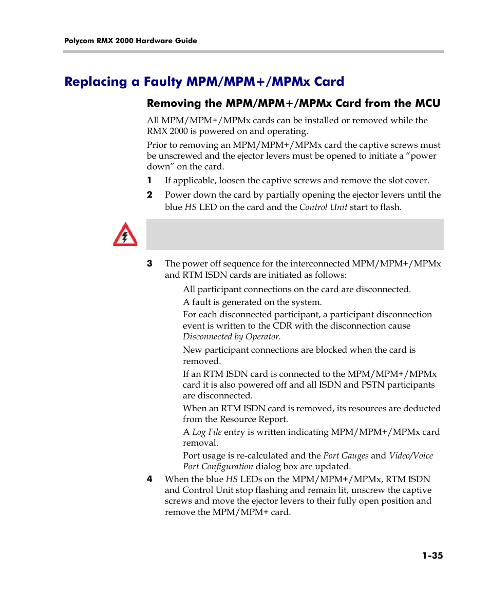 Replacing a faulty mpm/mpm+/mpmx card, Removing the mpm/mpm+/mpmx card from the mcu, Replacing a faulty mpm/mpm+/mpmx card -35 | Removing the mpm/mpm+/mpmx card from the, Mcu -35 | Polycom DOC2558C User Manual | Page 41 / 45