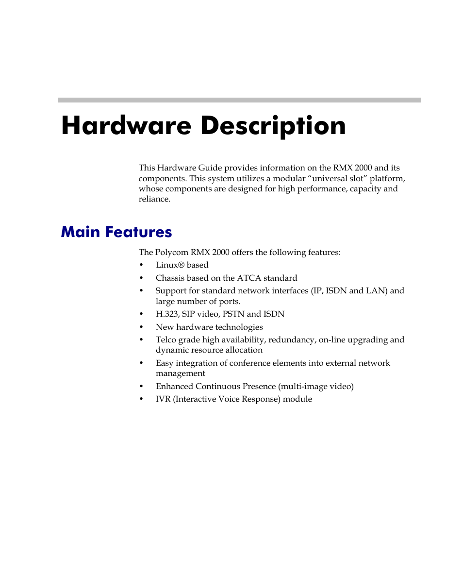 Hardware description, Main features, Hardware description -1 | Main features -1 | Polycom DOC2558C User Manual | Page 7 / 45