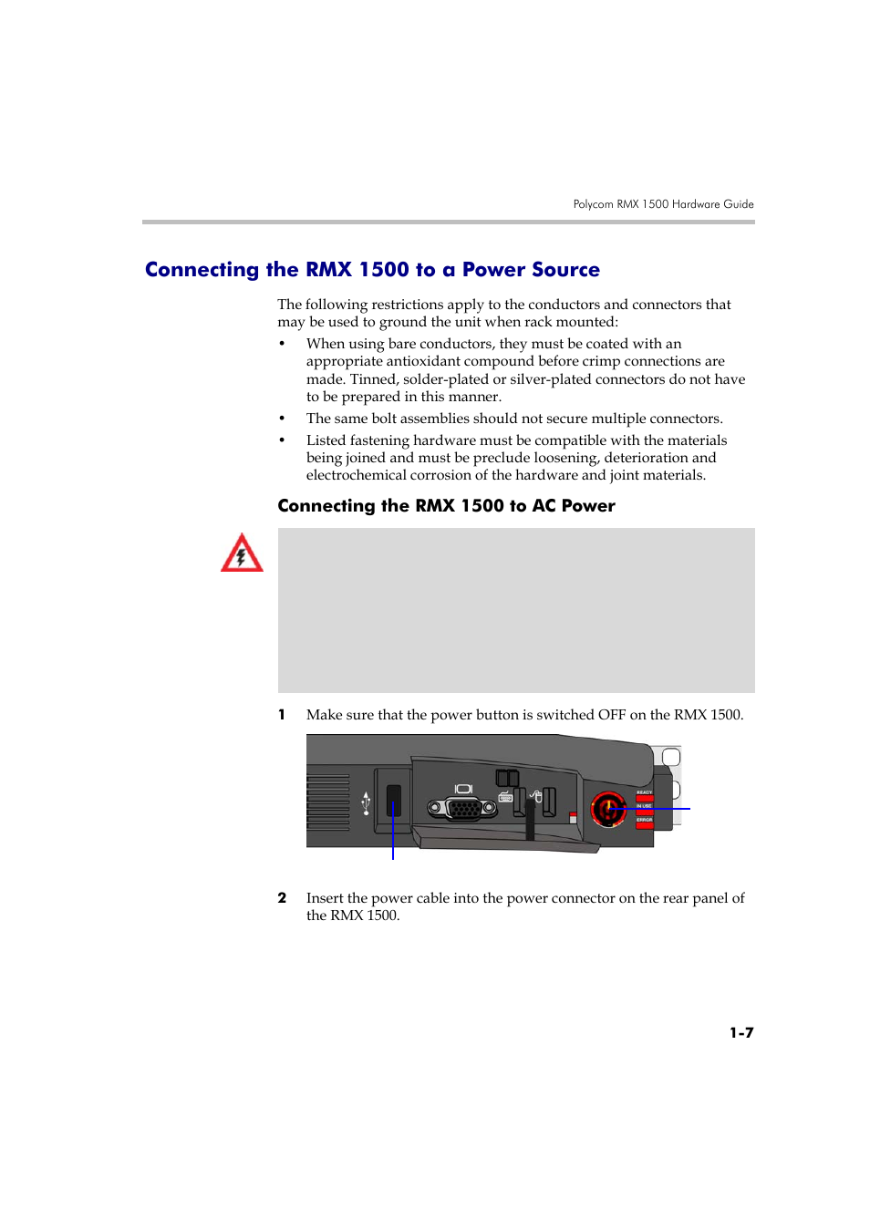 Connecting the rmx 1500 to a power source -7, Connecting the rmx 1500 to ac power -7, Connecting the rmx 1500 to a power source | Connecting the rmx 1500 to ac power | Polycom DOC2557B User Manual | Page 11 / 29