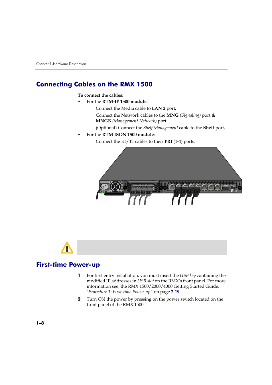 Connecting cables on the rmx 1500, First-time power-up | Polycom DOC2557B User Manual | Page 12 / 29