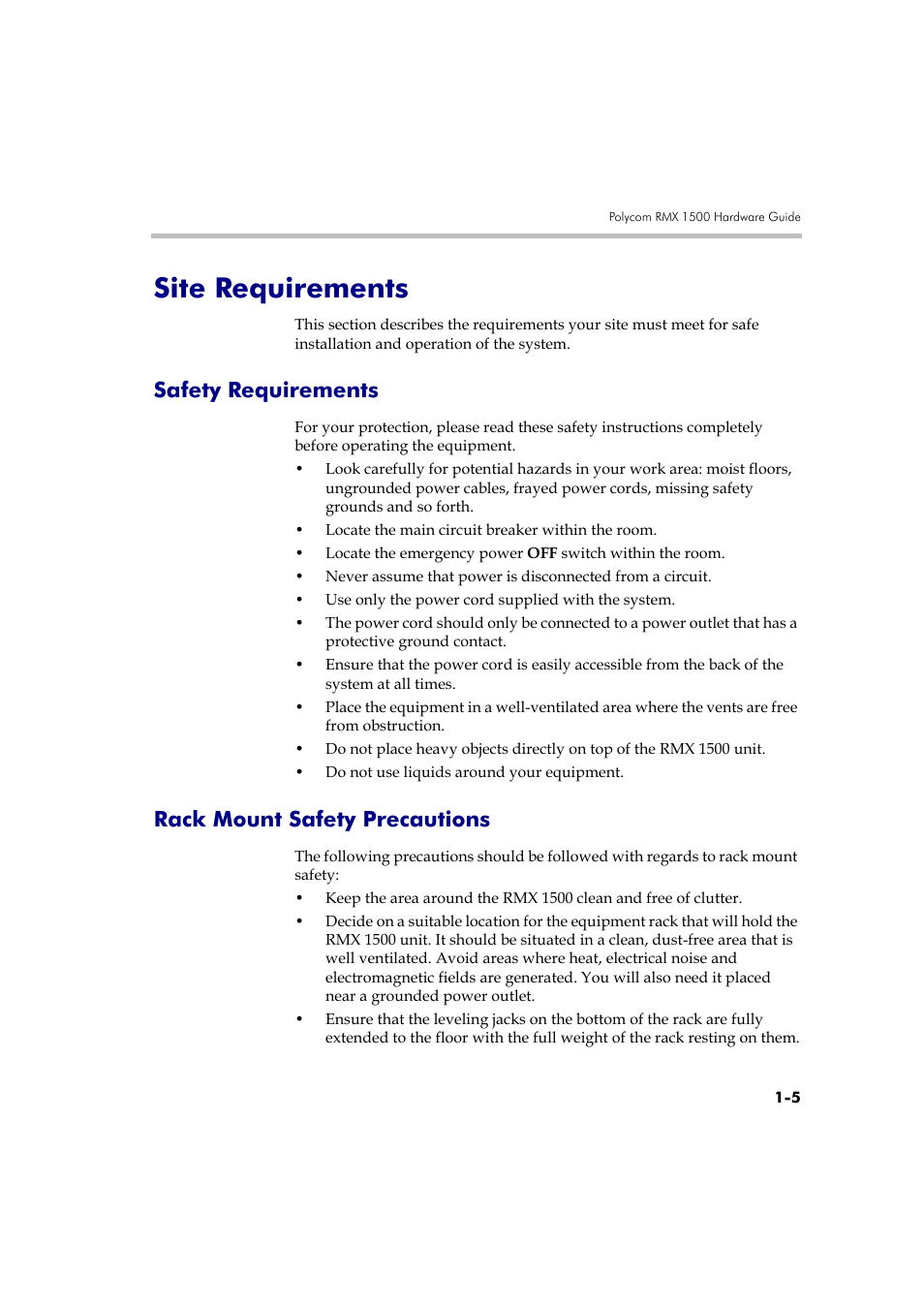 Site requirements -5, Site requirements, Safety requirements | Rack mount safety precautions | Polycom DOC2557B User Manual | Page 9 / 29