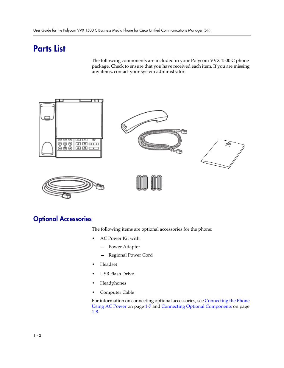 Parts list, Optional accessories, Read the | Parts list -2, Optional accessories -2 | Polycom VVX 1500 C Business Media Phone for Cisco Unified Communications Manager (SIP) User Manual | Page 10 / 192