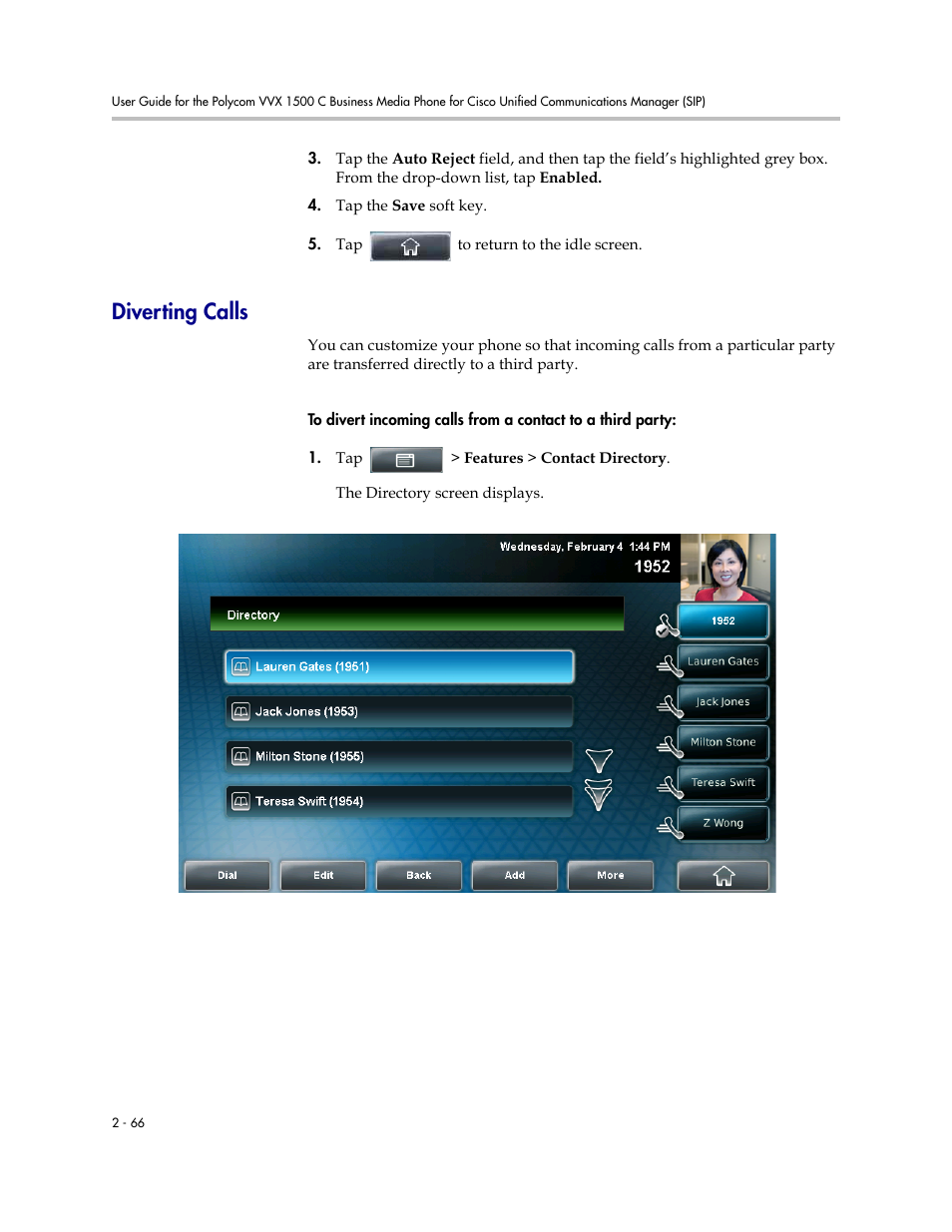 Diverting calls, Diverting calls -66 | Polycom VVX 1500 C Business Media Phone for Cisco Unified Communications Manager (SIP) User Manual | Page 104 / 192