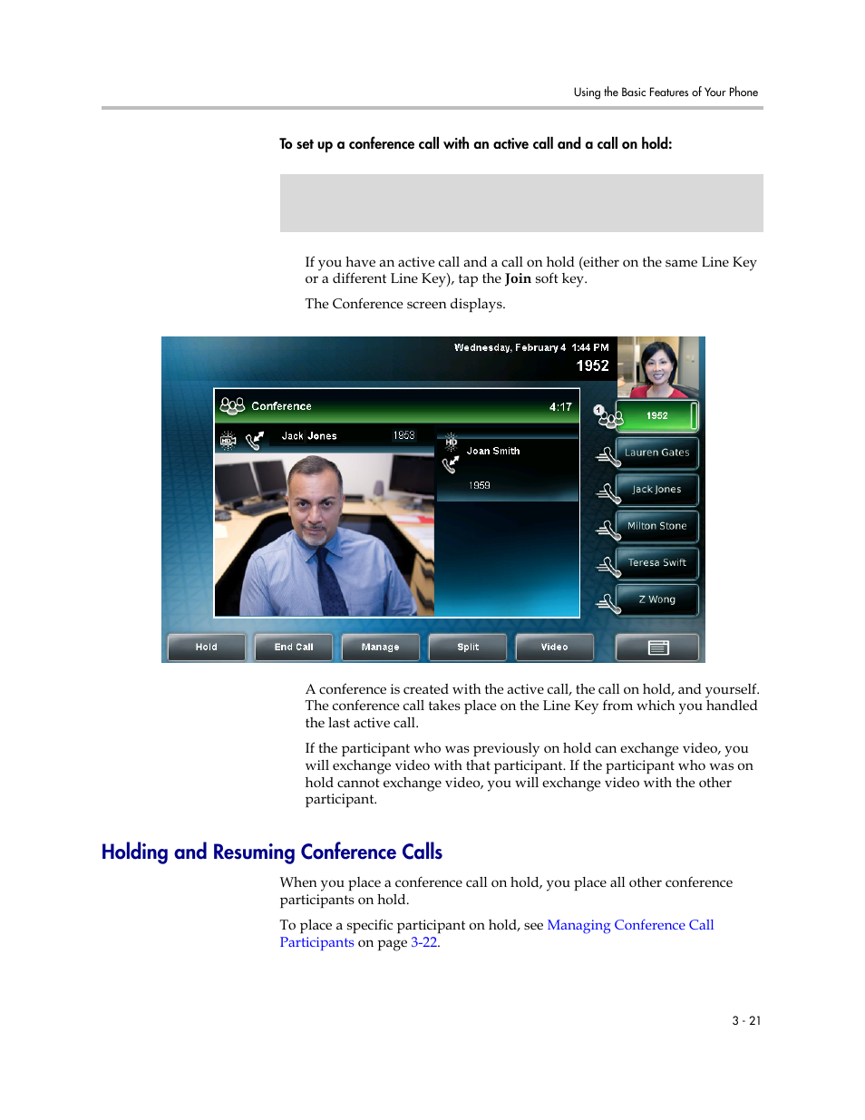 Holding and resuming conference calls, Holding and resuming conference calls -21 | Polycom VVX 1500 C Business Media Phone for Cisco Unified Communications Manager (SIP) User Manual | Page 131 / 192