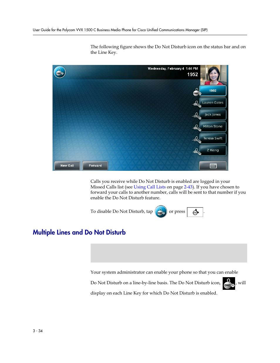 Multiple lines and do not disturb, Multiple lines and do not disturb -34 | Polycom VVX 1500 C Business Media Phone for Cisco Unified Communications Manager (SIP) User Manual | Page 144 / 192