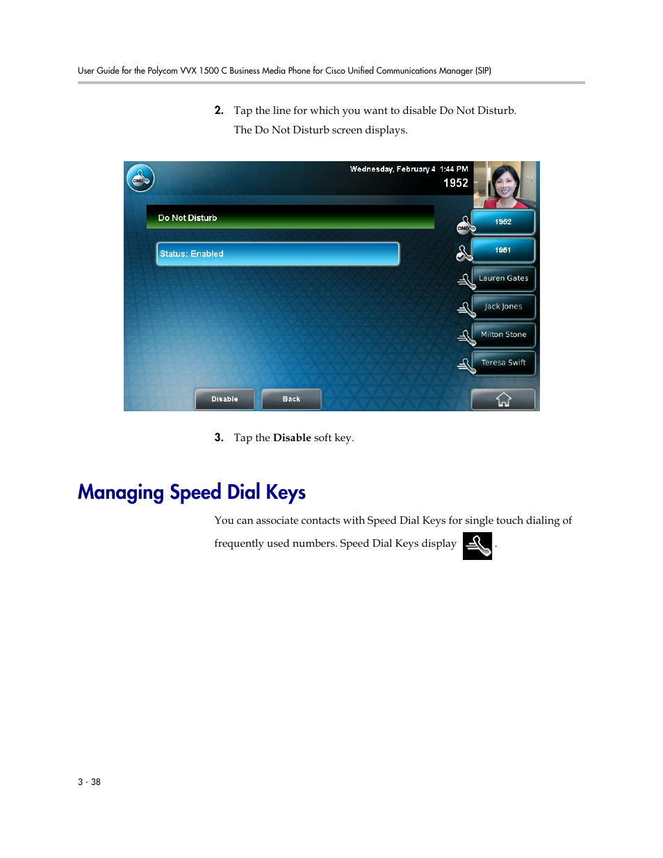 Managing speed dial keys, Managing speed dial keys -38 | Polycom VVX 1500 C Business Media Phone for Cisco Unified Communications Manager (SIP) User Manual | Page 148 / 192