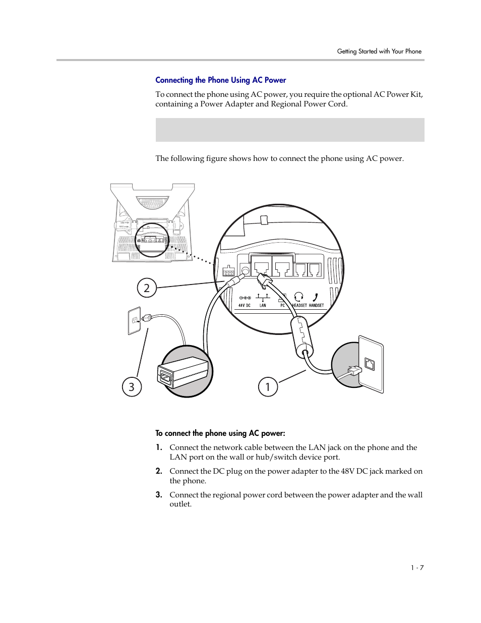 Connecting the phone, Using ac power, Connecting the phone using ac power | Polycom VVX 1500 C Business Media Phone for Cisco Unified Communications Manager (SIP) User Manual | Page 15 / 192