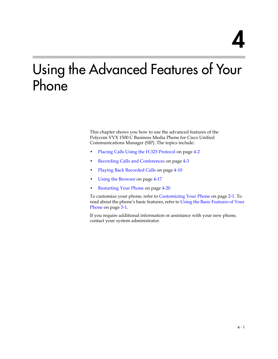 Using the advanced features of your phone, 4 using the advanced features of your phone -1, Using the | Advanced features of your phone, Using the advanced features of, Your phone | Polycom VVX 1500 C Business Media Phone for Cisco Unified Communications Manager (SIP) User Manual | Page 153 / 192