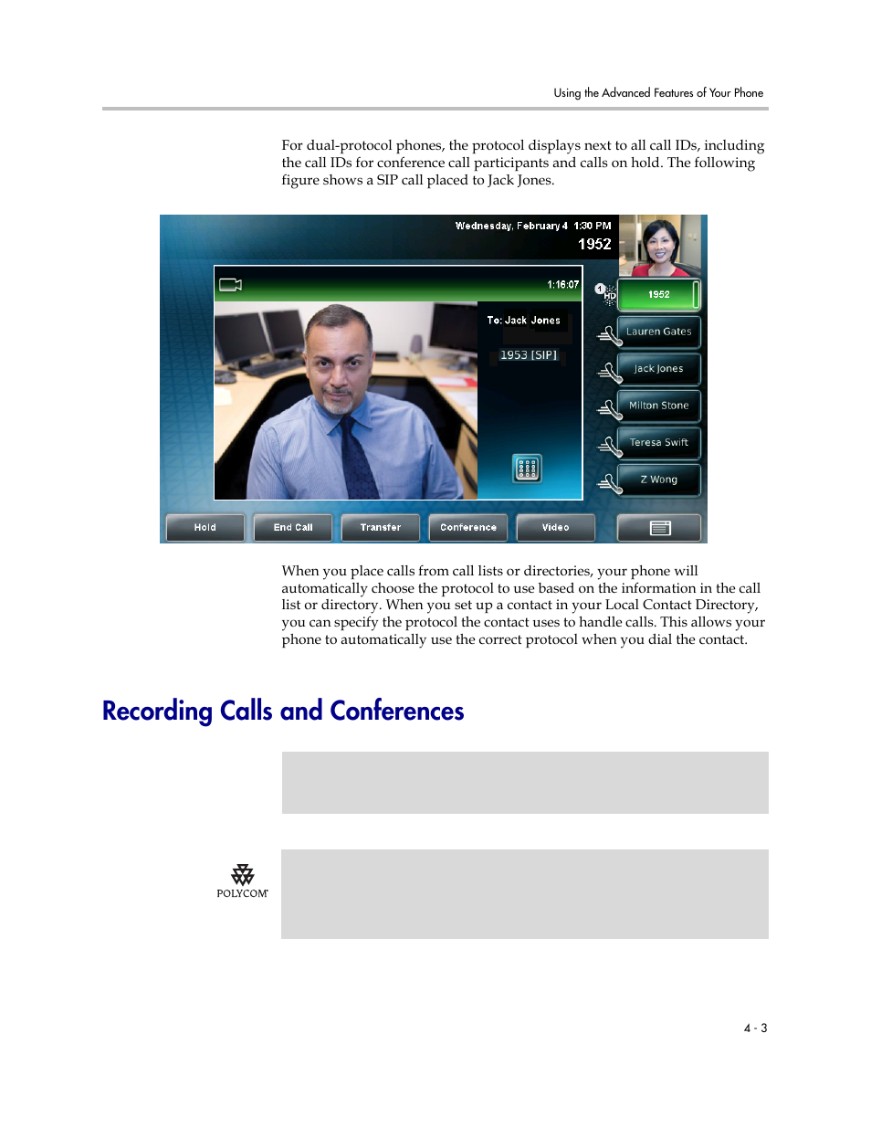Recording calls and conferences, Recording calls and conferences -3, Dio, see | Recording calls, And conferences | Polycom VVX 1500 C Business Media Phone for Cisco Unified Communications Manager (SIP) User Manual | Page 155 / 192