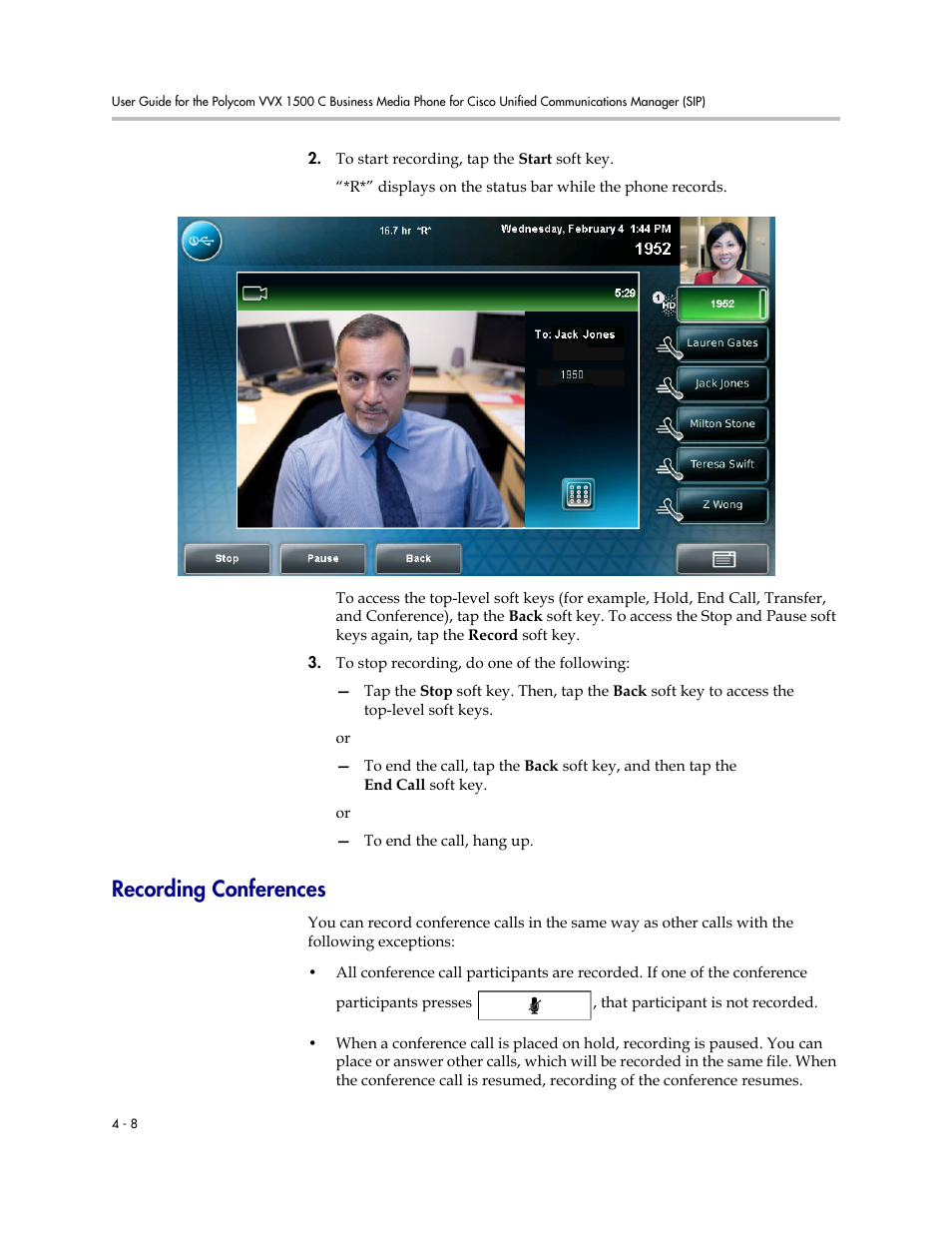 Recording conferences, Recording conferences -8 | Polycom VVX 1500 C Business Media Phone for Cisco Unified Communications Manager (SIP) User Manual | Page 160 / 192