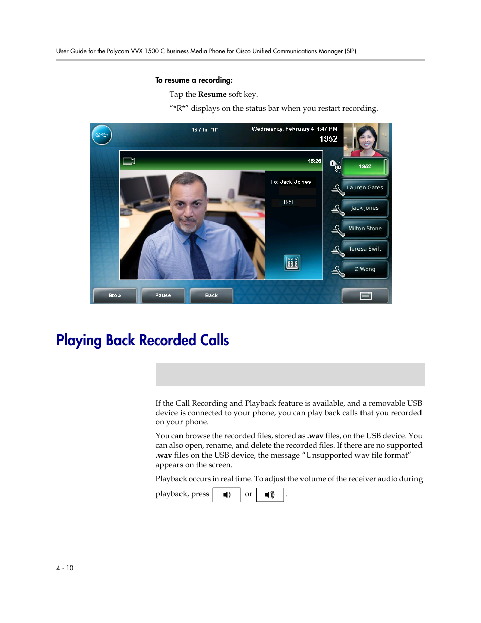 Playing back recorded calls, Playing back recorded calls -10 | Polycom VVX 1500 C Business Media Phone for Cisco Unified Communications Manager (SIP) User Manual | Page 162 / 192