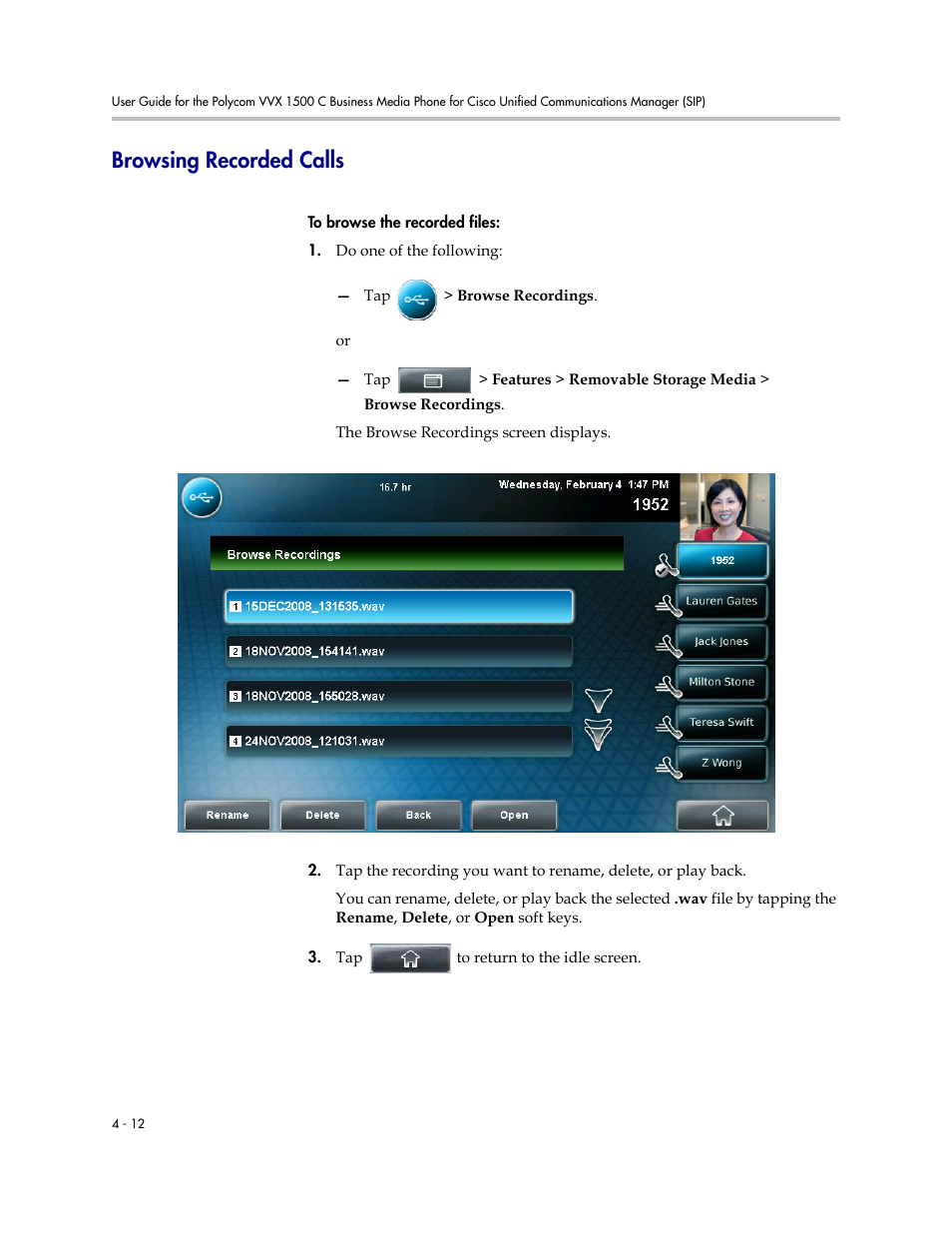 Browsing recorded calls, Browsing recorded calls -12 | Polycom VVX 1500 C Business Media Phone for Cisco Unified Communications Manager (SIP) User Manual | Page 164 / 192