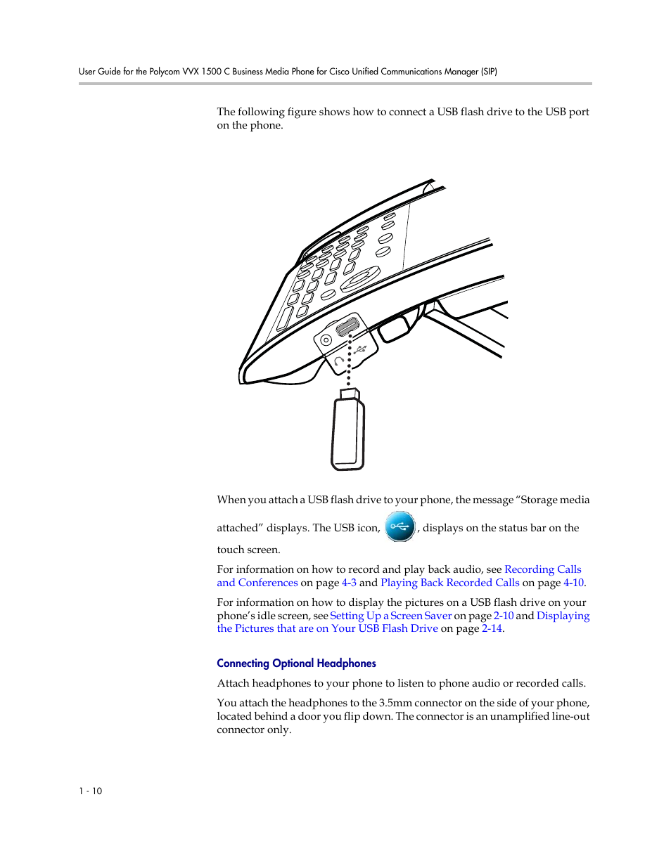 Connecting optional headphones | Polycom VVX 1500 C Business Media Phone for Cisco Unified Communications Manager (SIP) User Manual | Page 18 / 192