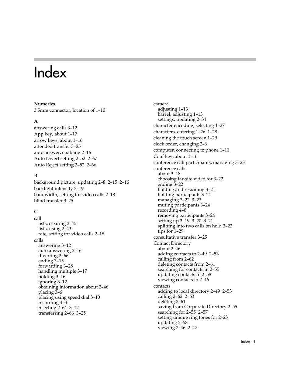 Index | Polycom VVX 1500 C Business Media Phone for Cisco Unified Communications Manager (SIP) User Manual | Page 185 / 192