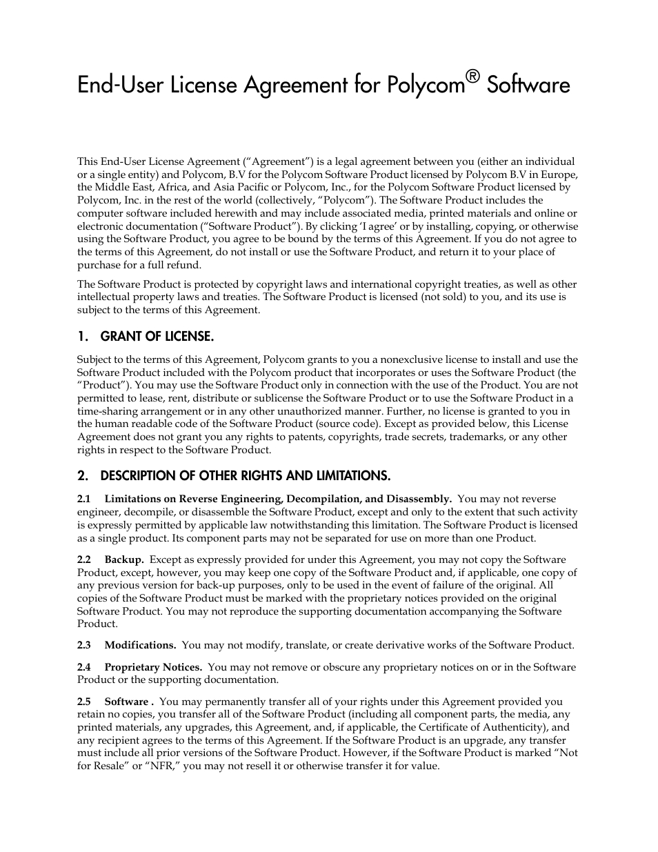 End-user license agreement, End-user license agreement for polycom® software, End-user license agreement for polycom | Software | Polycom VVX 1500 C Business Media Phone for Cisco Unified Communications Manager (SIP) User Manual | Page 189 / 192