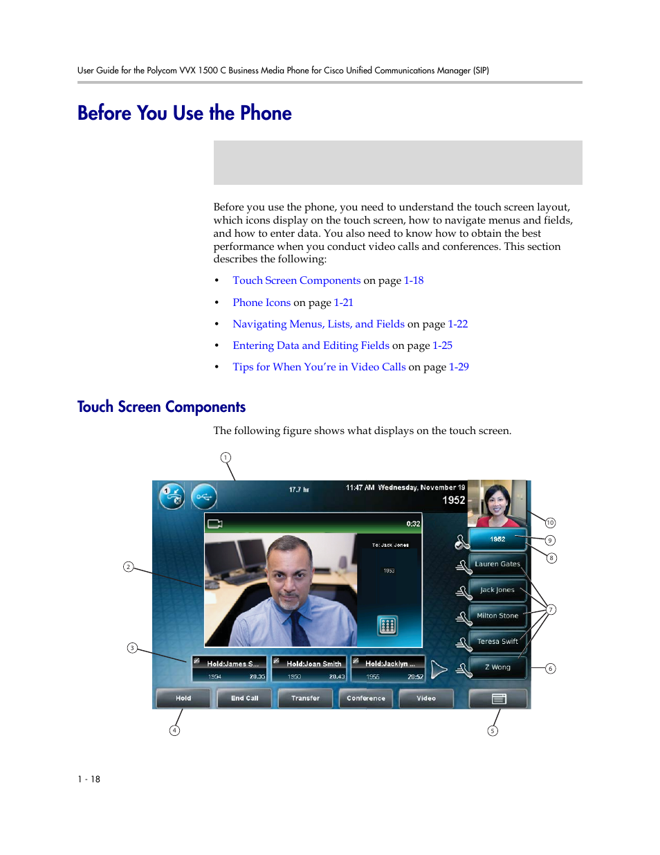 Before you use the phone, Touch screen components, Before you use the phone -18 | Touch screen components -18 | Polycom VVX 1500 C Business Media Phone for Cisco Unified Communications Manager (SIP) User Manual | Page 26 / 192