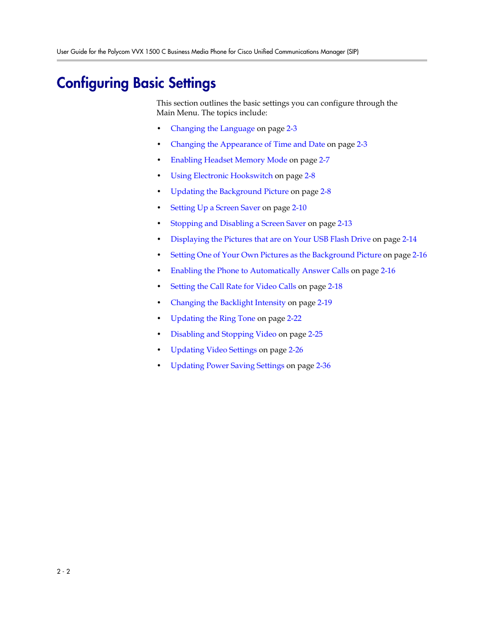 Configuring basic settings, Configuring basic settings -2 | Polycom VVX 1500 C Business Media Phone for Cisco Unified Communications Manager (SIP) User Manual | Page 40 / 192