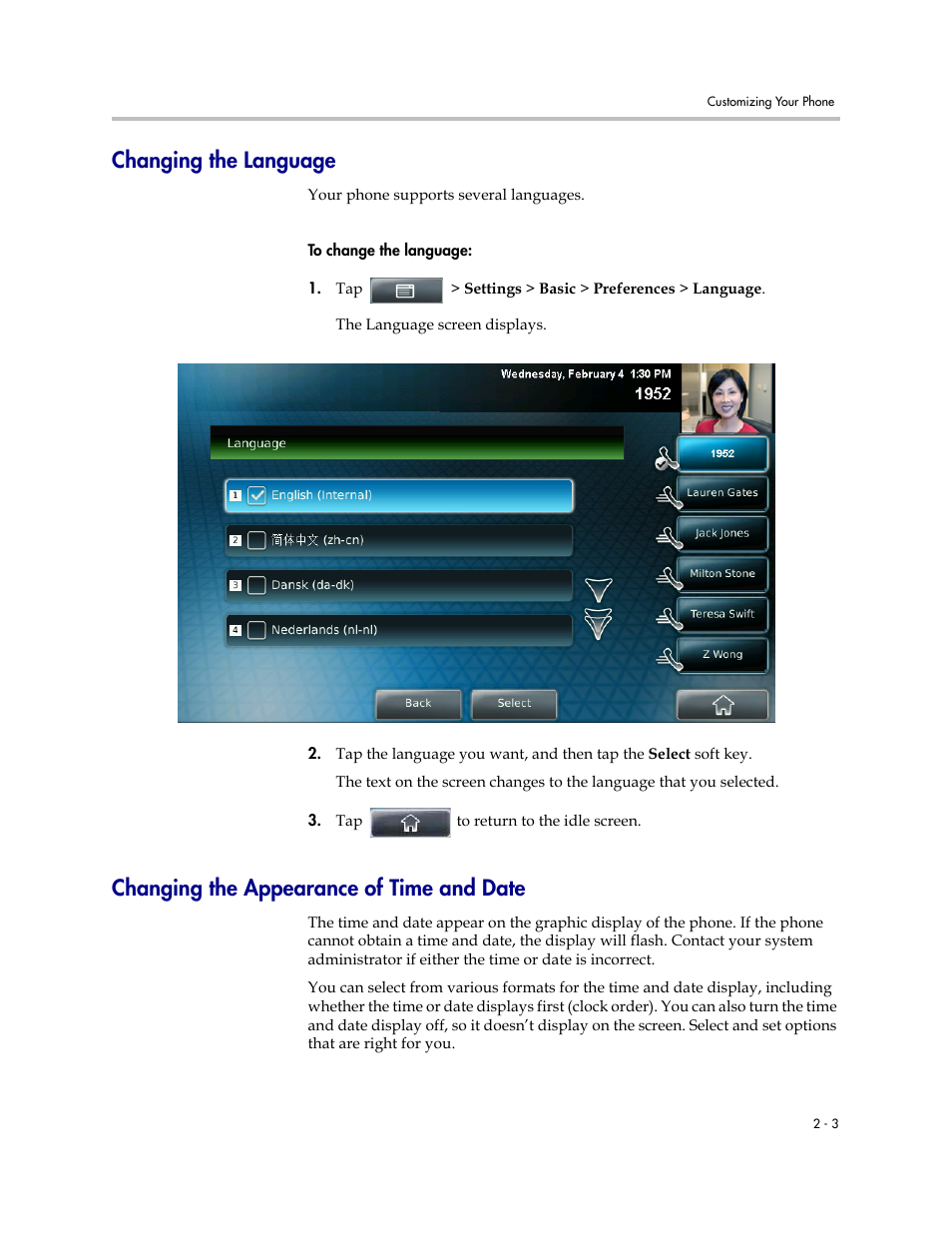Changing the language, Changing the appearance of time and date | Polycom VVX 1500 C Business Media Phone for Cisco Unified Communications Manager (SIP) User Manual | Page 41 / 192