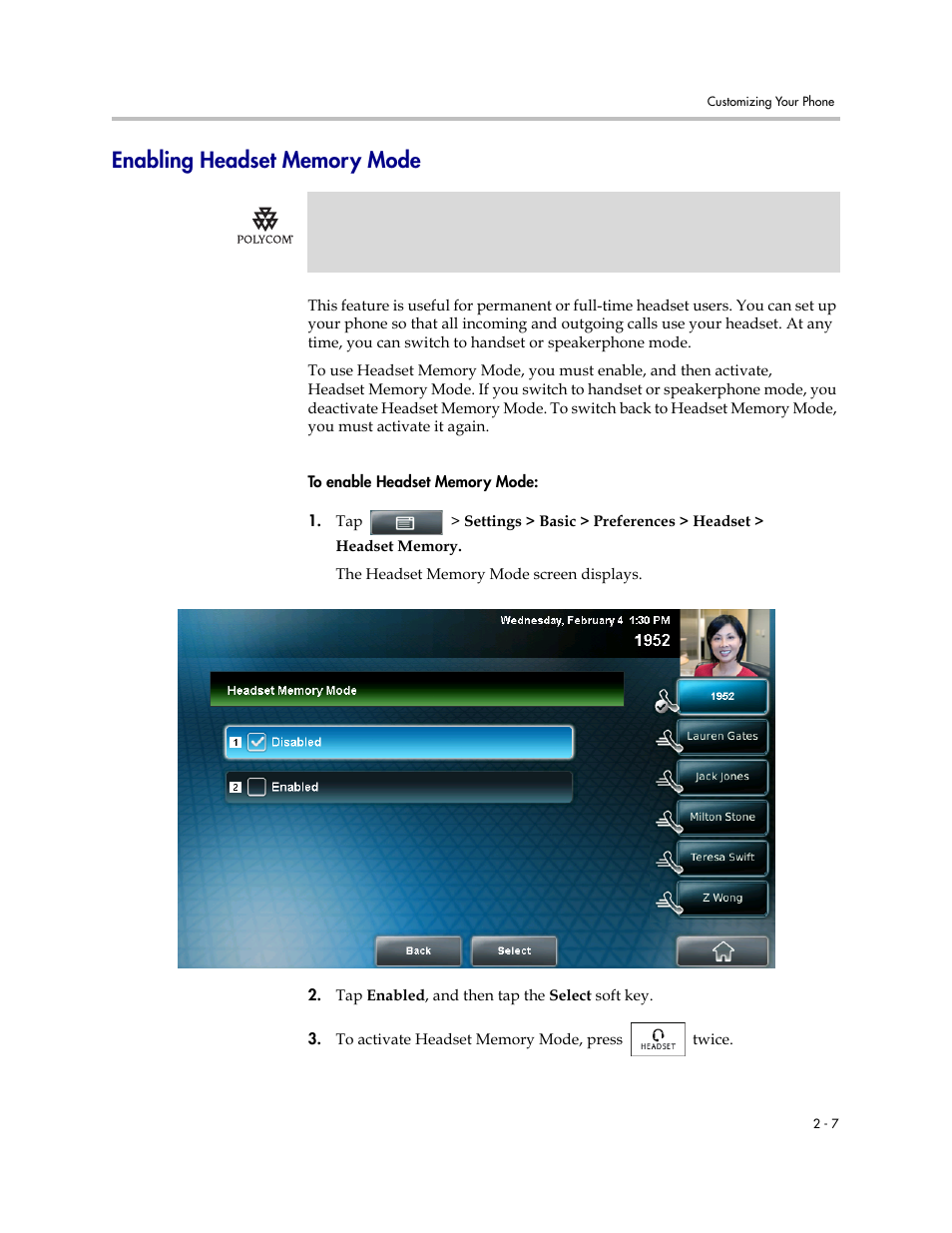 Enabling headset memory mode, Enabling headset memory mode -7 | Polycom VVX 1500 C Business Media Phone for Cisco Unified Communications Manager (SIP) User Manual | Page 45 / 192