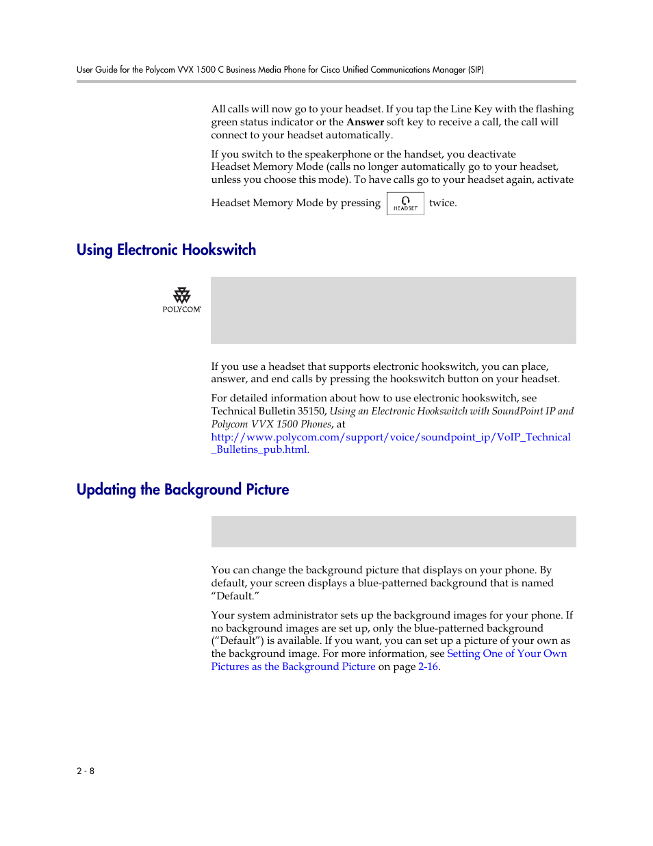 Using electronic hookswitch, Updating the background picture | Polycom VVX 1500 C Business Media Phone for Cisco Unified Communications Manager (SIP) User Manual | Page 46 / 192