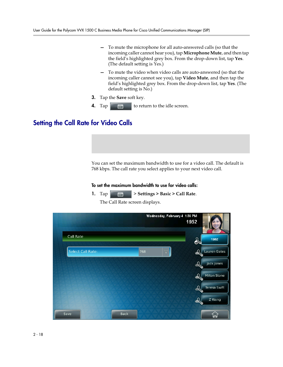 Setting the call rate for video calls, Setting the call rate for video calls -18 | Polycom VVX 1500 C Business Media Phone for Cisco Unified Communications Manager (SIP) User Manual | Page 56 / 192