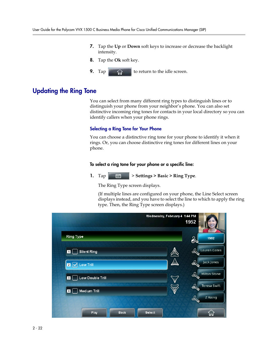 Updating the ring tone, Updating the ring tone -22 | Polycom VVX 1500 C Business Media Phone for Cisco Unified Communications Manager (SIP) User Manual | Page 60 / 192