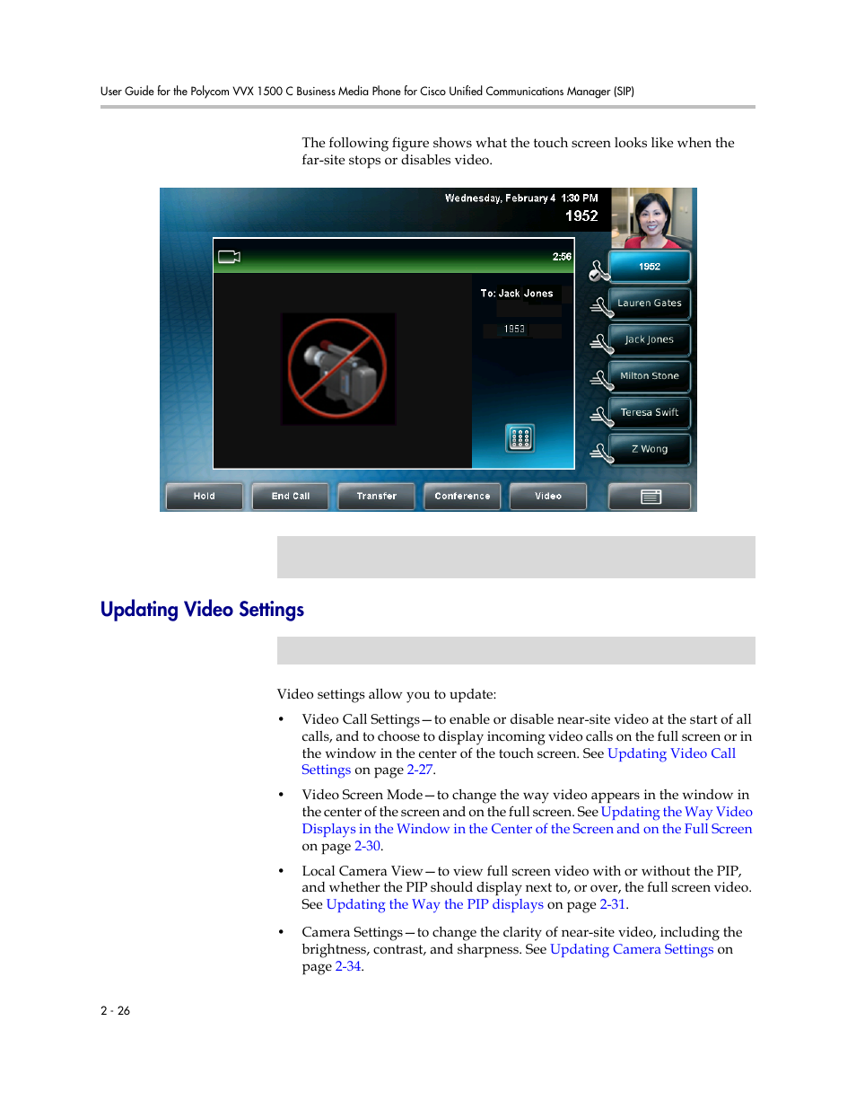 Updating video settings, Updating video settings -26 | Polycom VVX 1500 C Business Media Phone for Cisco Unified Communications Manager (SIP) User Manual | Page 64 / 192