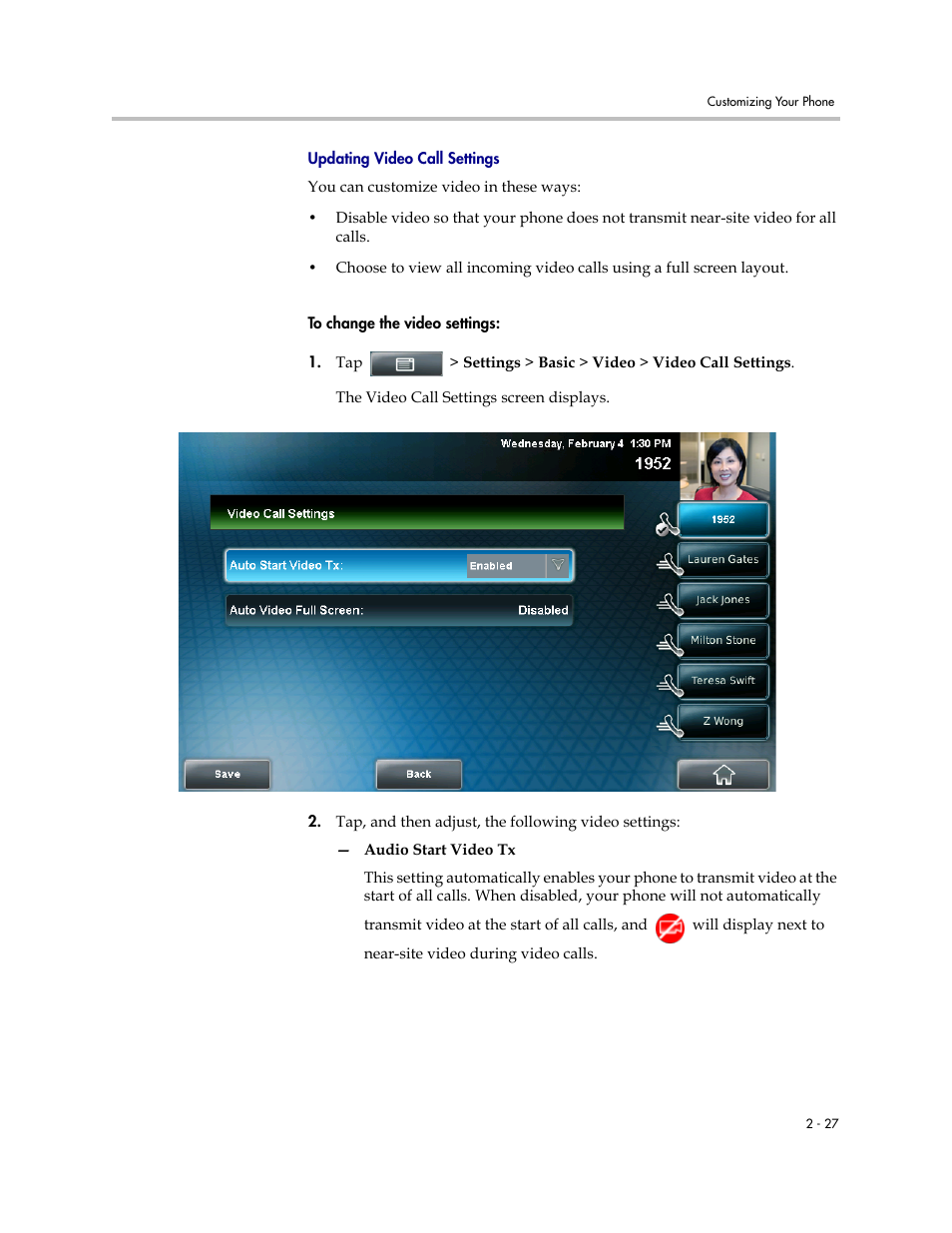 Updating video call, Settings | Polycom VVX 1500 C Business Media Phone for Cisco Unified Communications Manager (SIP) User Manual | Page 65 / 192