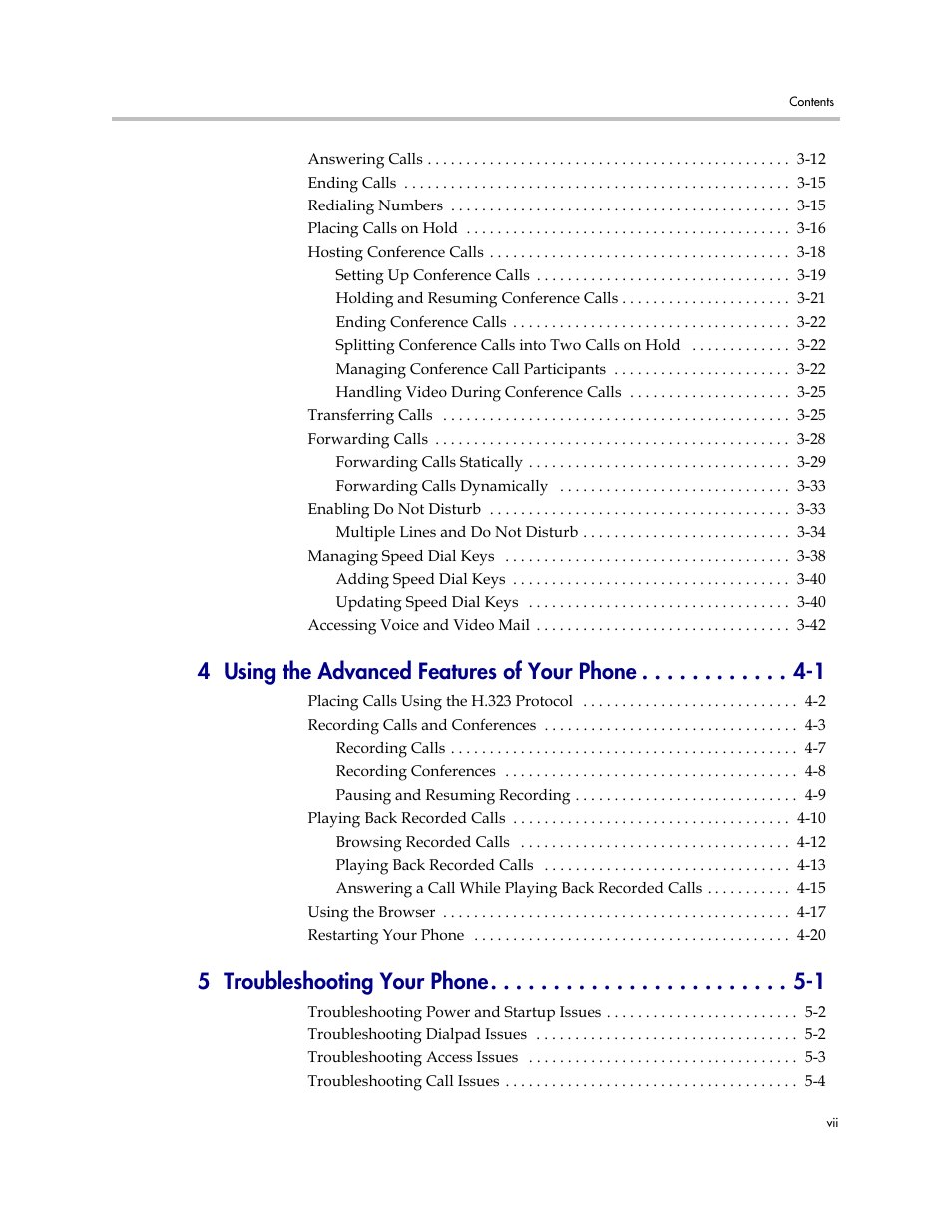 4 using the advanced features of your phone -1, 5 troubleshooting your phone -1 | Polycom VVX 1500 C Business Media Phone for Cisco Unified Communications Manager (SIP) User Manual | Page 7 / 192