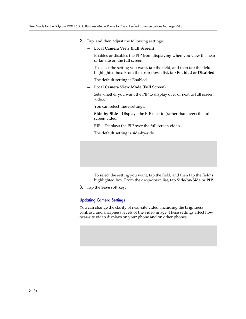 Updating camera settings, And sharpness. see | Polycom VVX 1500 C Business Media Phone for Cisco Unified Communications Manager (SIP) User Manual | Page 72 / 192