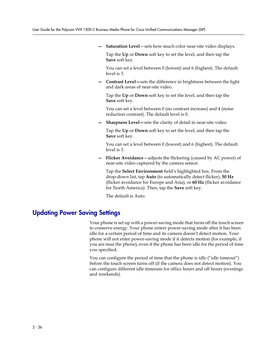 Updating power saving settings, Updating power saving settings -36 | Polycom VVX 1500 C Business Media Phone for Cisco Unified Communications Manager (SIP) User Manual | Page 74 / 192