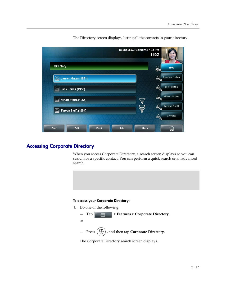 Accessing corporate directory, Accessing corporate directory -47 | Polycom VVX 1500 C Business Media Phone for Cisco Unified Communications Manager (SIP) User Manual | Page 85 / 192