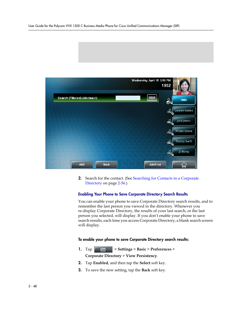 Enabling your phone to save corporate, Directory search results, On p | Polycom VVX 1500 C Business Media Phone for Cisco Unified Communications Manager (SIP) User Manual | Page 86 / 192