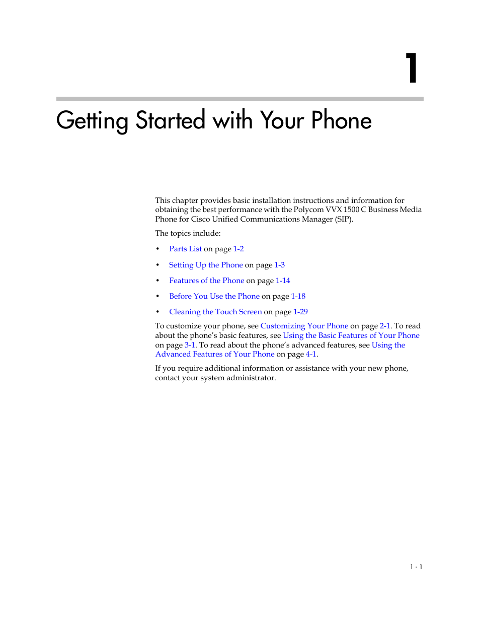 Getting started with your phone, 1 getting started with your phone -1 | Polycom VVX 1500 C Business Media Phone for Cisco Unified Communications Manager (SIP) User Manual | Page 9 / 192