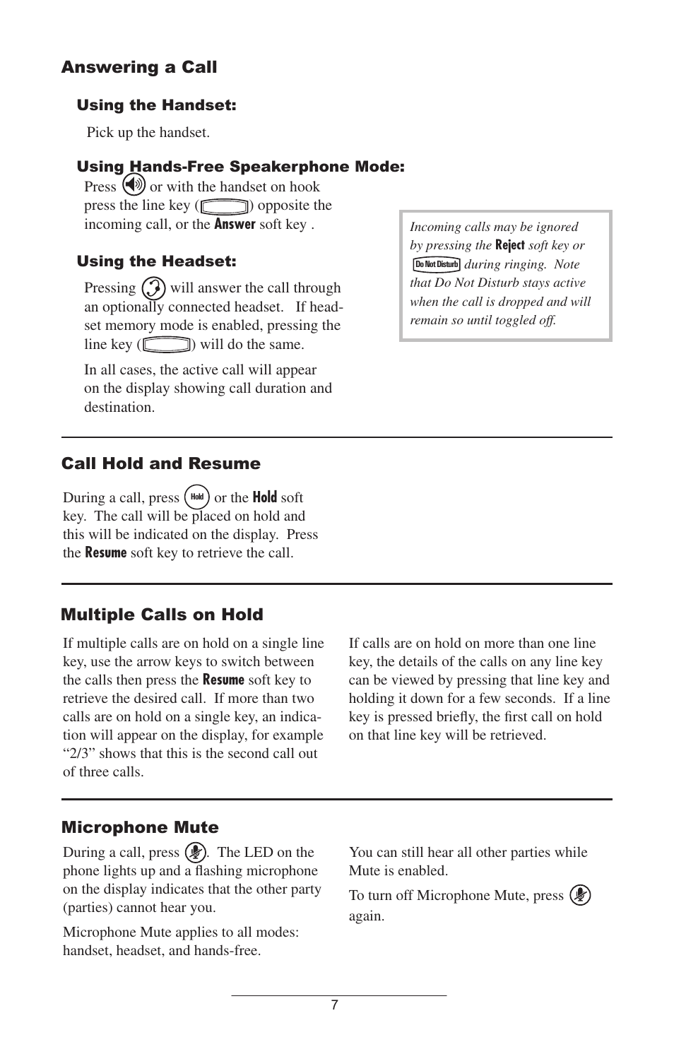 Answering a call, Call hold and resume, Multiple calls on hold | Microphone mute | Polycom IP 500/501 SIP 2.0 User Manual | Page 10 / 29