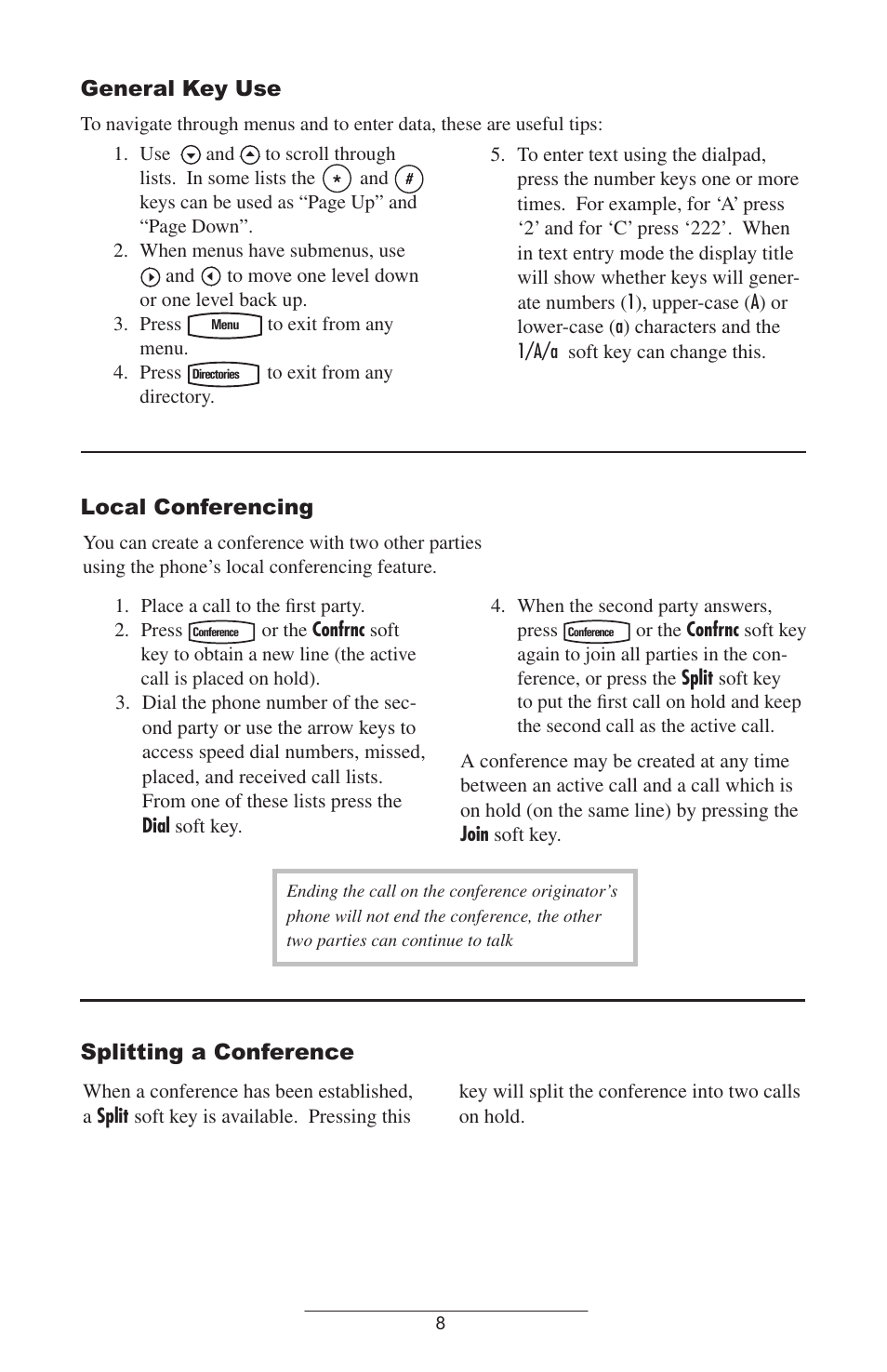 General key use, Local conferencing, Splitting a conference | Polycom IP 500/501 SIP 2.0 User Manual | Page 11 / 29