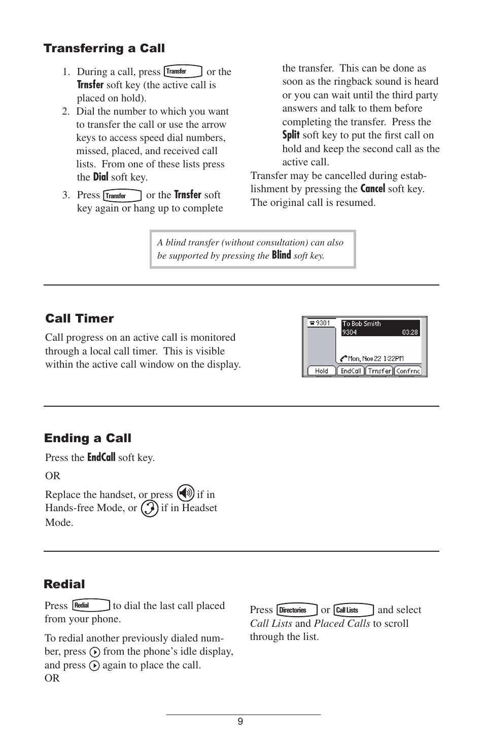 Call timer, Ending a call, Redial | Transferring a call | Polycom IP 500/501 SIP 2.0 User Manual | Page 12 / 29