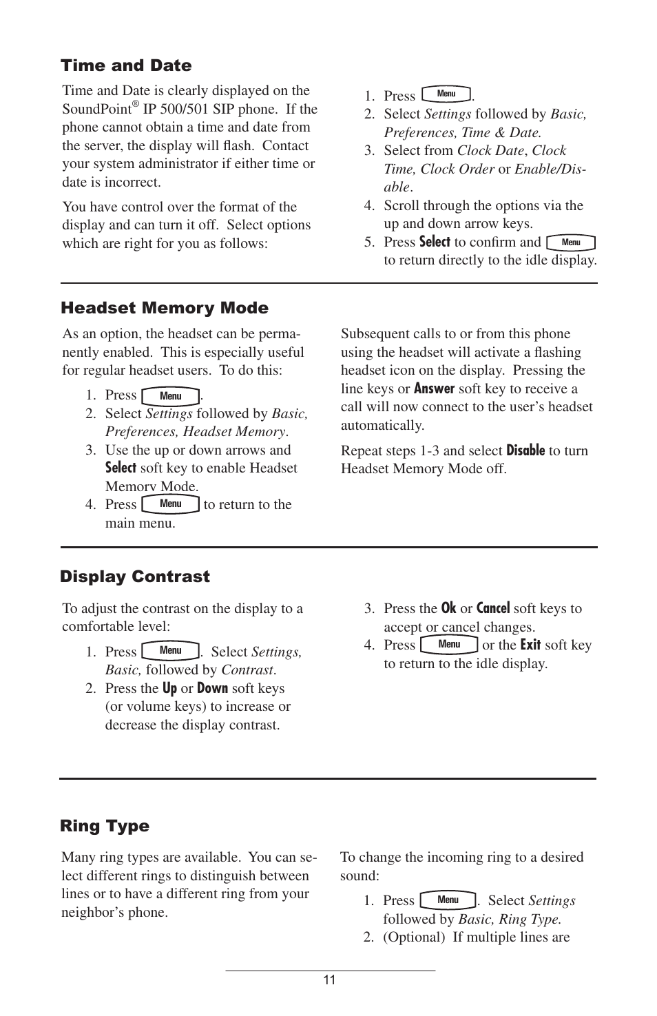 Do not disturb, Time and date, Headset memory mode | Display contrast | Polycom IP 500/501 SIP 2.0 User Manual | Page 14 / 29